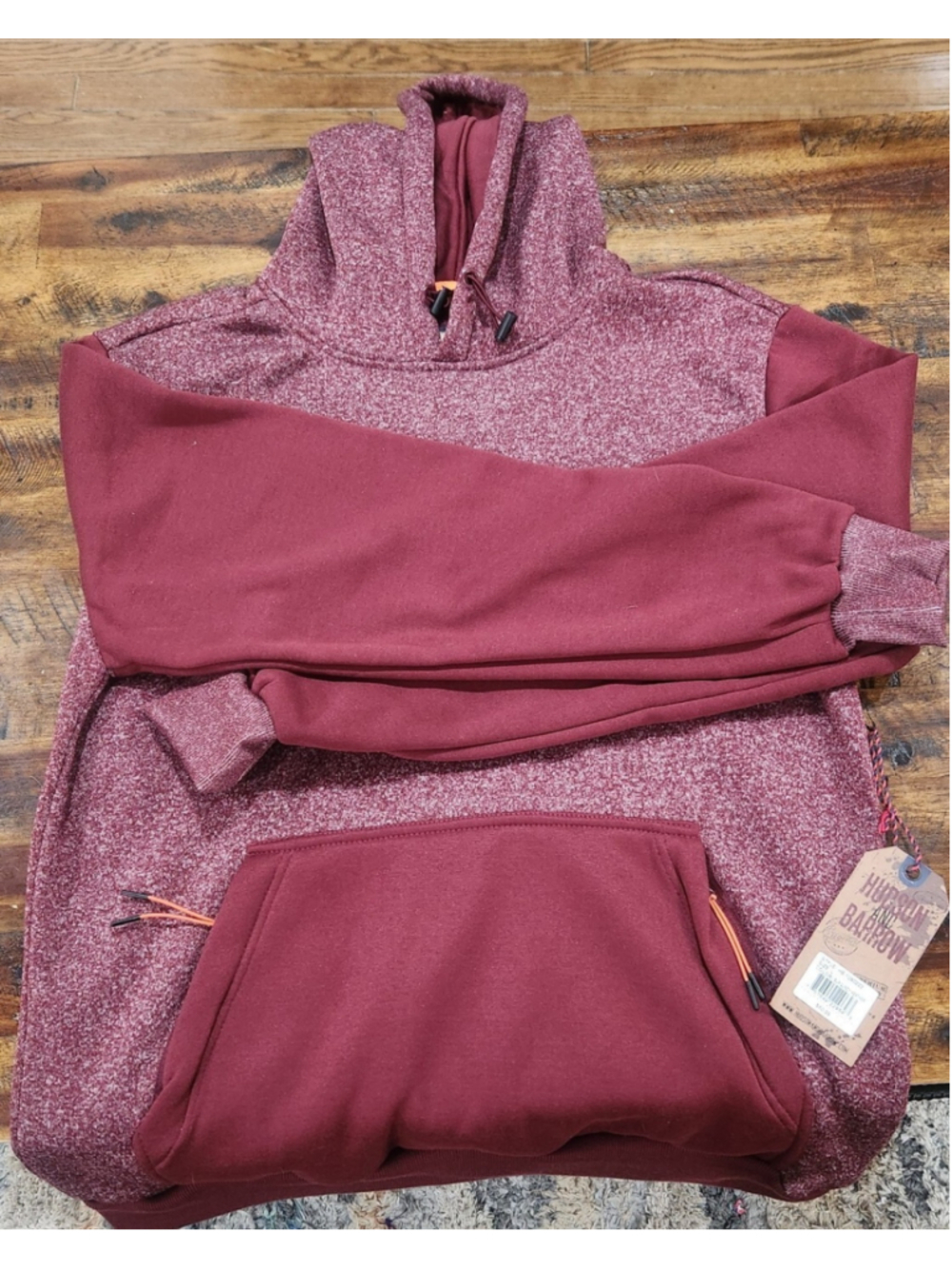 Hudson & Barrow NYC Pullover Hoodie Large Burgundy Heather Zipper Pocket NWT